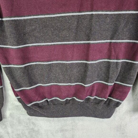 Mens Chaps Burgundy & Gray Striped Sweater 100% Cotton Crewneck Long Sleeve L - Picture 3 of 12